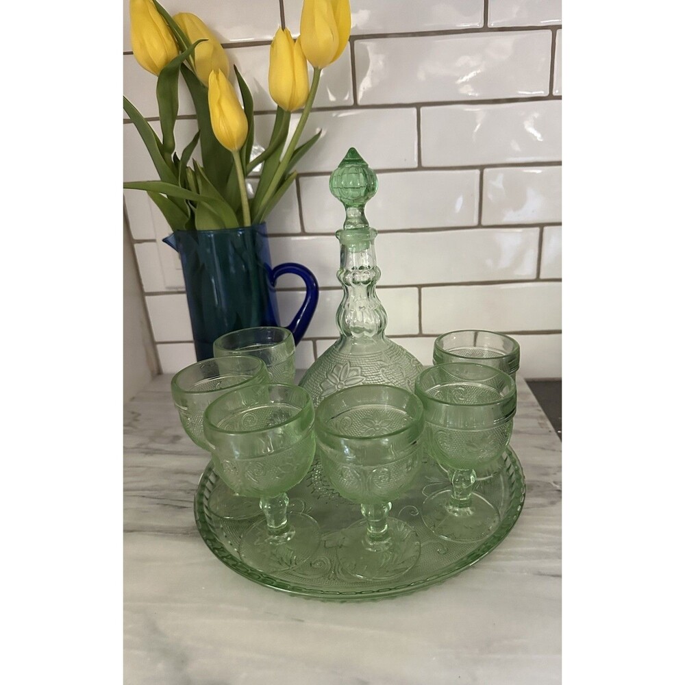 Vintage 1970s Indiana Tiara Wine Decanter 9pc Set Chantilly Green Sandwich Glass
